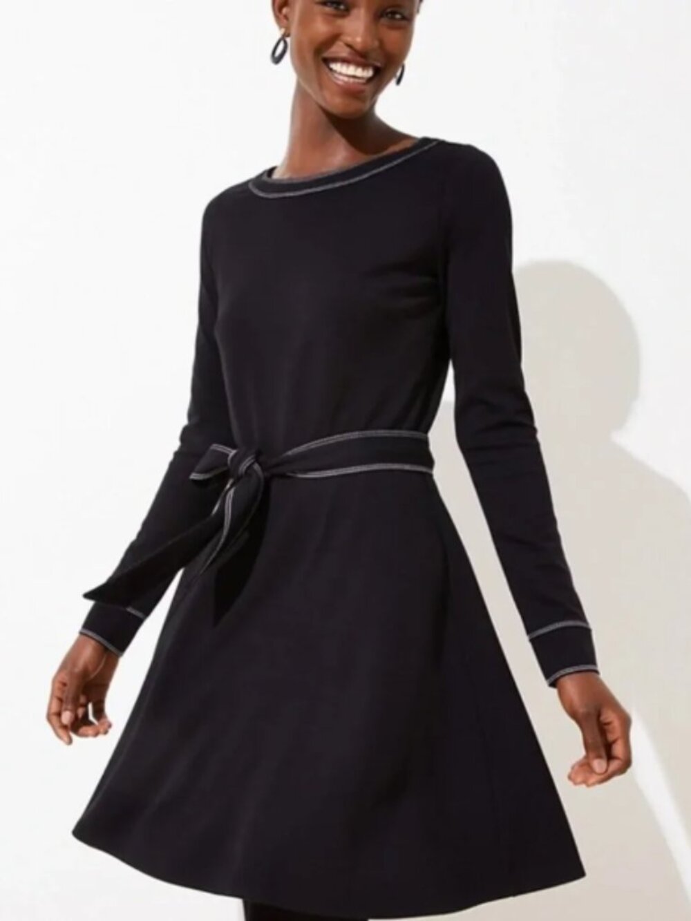 Loft Topstitched Tie Waist Long Sleeve Dress, Black, Size 18W, NwT